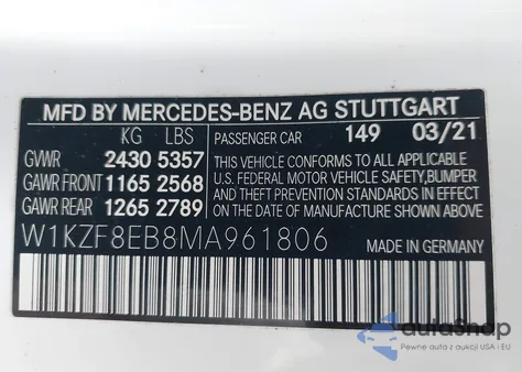2021 Mercedes-Benz E 350 4Matic from USA, damaged, VIN W1KZF8EB8MA961806